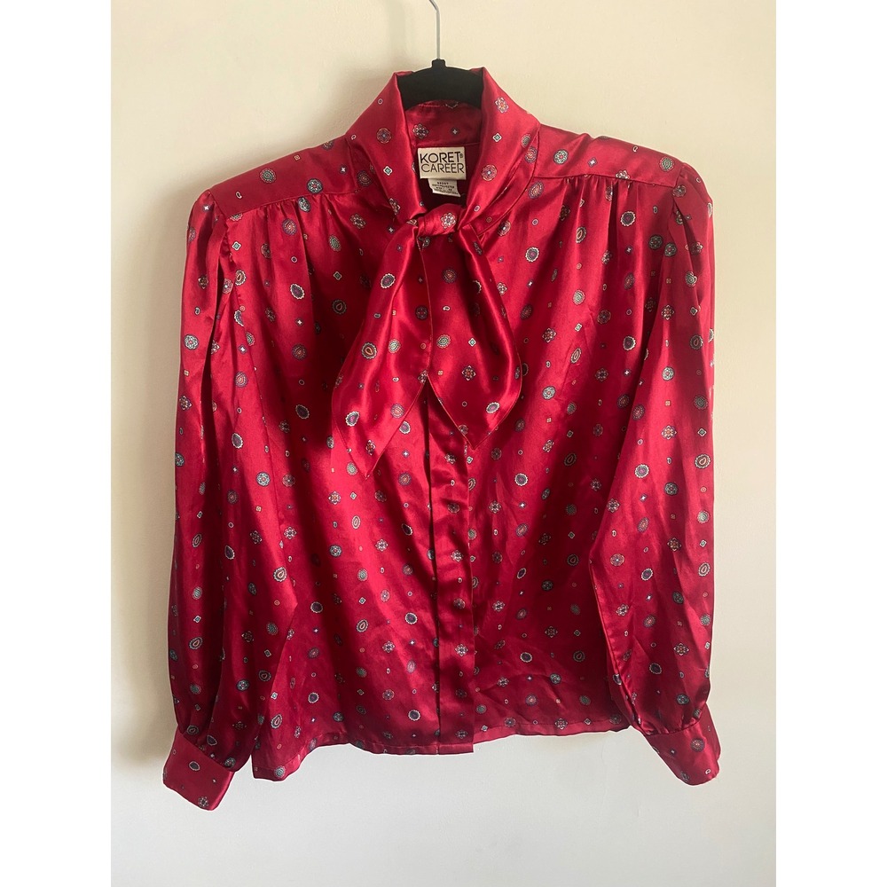 Vintage Koret Career Red Satin Tie Neck Blouse 80s  Size 8